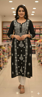 LUCKNOWI CHIKAN CRAFT Women Floral Print, Chikan Embroidery, Embroidered Straight Kurta(Pink, White)