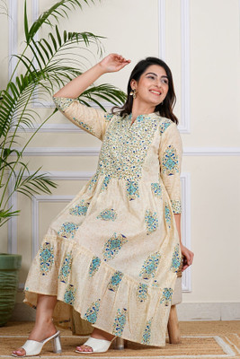 INSTA CRAFT Women Printed Anarkali Kurta(Beige)