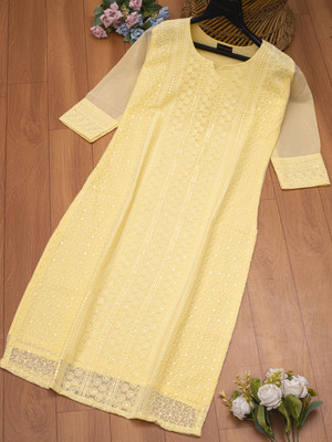 Felopie Women Chikan Embroidery A-line Kurta(Yellow)
