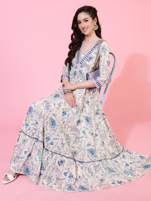 Gulmohar Jaipur Women Printed Flared Kurta(White)