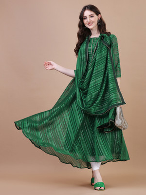 PMD Fashion Women Striped Anarkali Kurta(Green)
