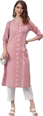 Janasya Women Striped Straight Kurta(Pink)
