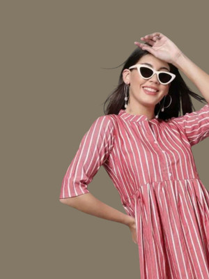 Houseofcommonv Women Striped A-line Kurta(Pink)