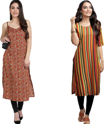 KAUTAQI Women Printed Straight Kurta(Multicolor)