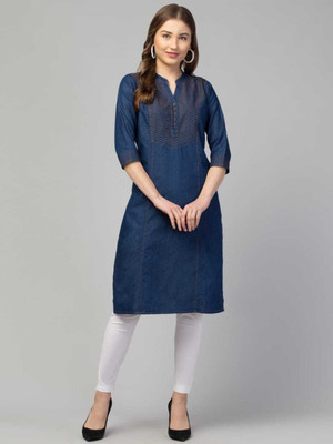 Kaykay Studio Women Embroidered Straight Kurta(Blue, Gold)