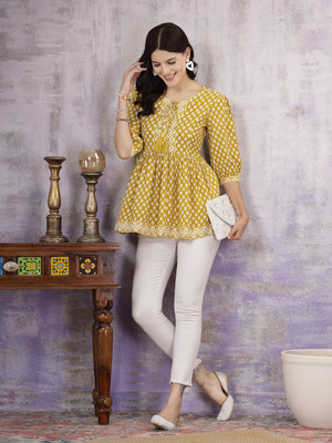 Stylum Women Geometric Print A-line Kurta(Yellow)