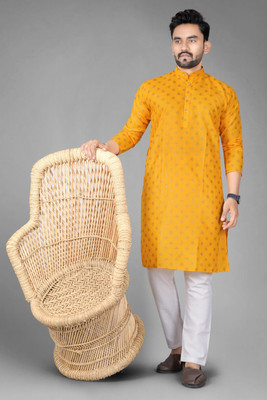 DHASU TRENDZ Men Printed Straight Kurta(Yellow)