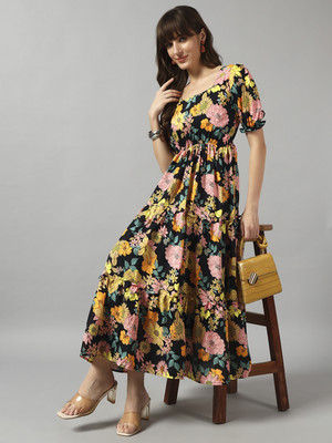 Krunal Raiyani Women Fit and Flare Yellow Midi/Calf Length Dress