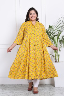 Swasti Women Floral Print Gown Kurta(Yellow)