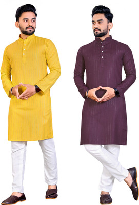 JENZEE Men Striped Straight Kurta(Yellow, Purple)