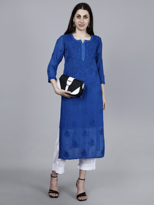 The Chikankari Story Women Chikan Embroidery Straight Kurta(Blue)