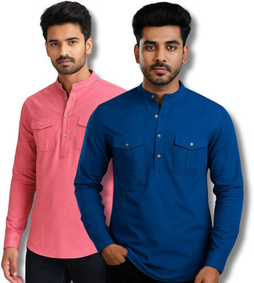 RAREMARK Men Solid Straight Kurta(Pink, Dark Blue)