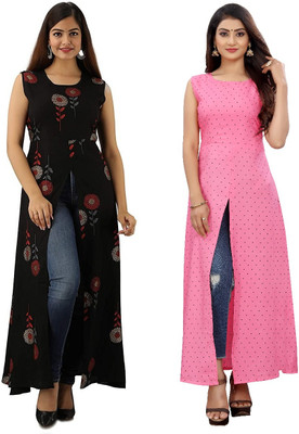 Hiral Creation Women Floral Print Frontslit Kurta(Pink)