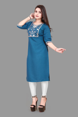 KNG TEXTILE Women Embroidered A-line Kurta(Blue)