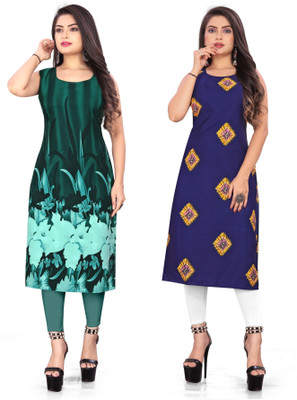 Hiral Creation Women Printed Straight Kurta(Green, Blue)