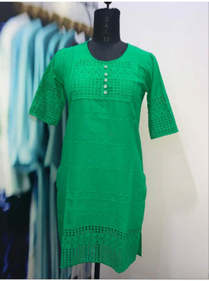 LEZA Women Chikan Embroidery, Embroidered Straight Kurta(Green)