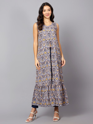 VESICLE Women Printed Frontslit Kurta(Yellow, Dark Blue, White)