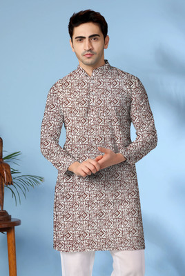 EthniAura Men Geometric Print Straight Kurta(White, Brown)