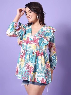Anmi Floral Print Women Flared Kurta(Beige)