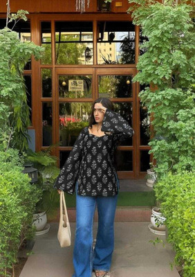 Sunshineexport Women Block Print, Printed, Floral Print A-line Kurta(Black)