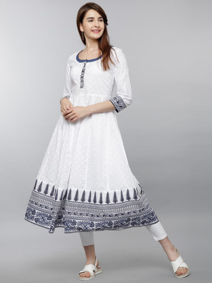 Vishudh Women Printed Flared Kurta(White)