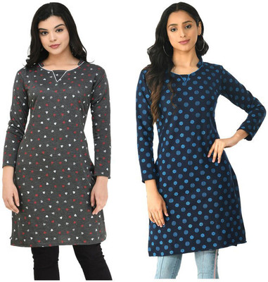 Indeweaves Women Floral Print A-line Kurta(Light Blue, Grey)