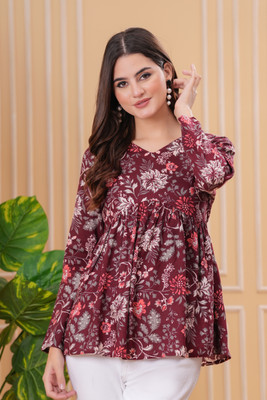 Light Daisy Women Printed Flared Kurta(Maroon)
