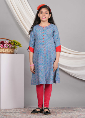 Yash Gallery Girls Geometric Print A-line Kurta(Blue)