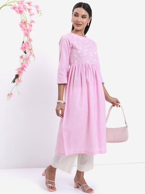 Vishudh Women Solid Anarkali Kurta(Pink)