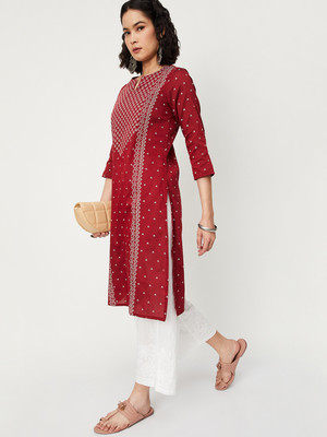 MAX Women Printed Straight Kurta(Maroon, Silver)