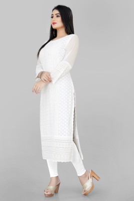 EYELLA Women Chikan Embroidery Straight Kurta(White)