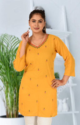 Fashion Bazaar Women Embroidered Straight Kurta(Yellow)