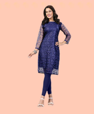 Manthan Creation Women Chikan Embroidery A-line Kurta(Blue)