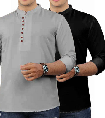 GOD HEART Men Solid Straight Kurta(Grey)