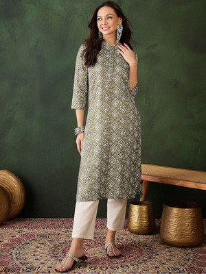 Sangria Women Printed Straight Kurta(Green)