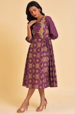 W Women Printed Flared Kurta(Purple, Yellow)