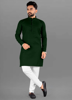 krishu Men Solid Straight Kurta(Dark Green)