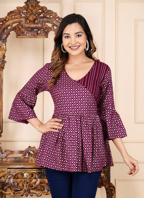 Sanganer Export Women Printed Flared Kurta(Maroon)