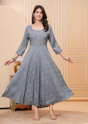 AKSHUNA Women Abstract, Embroidered Ethnic Dress Kurta(Blue)