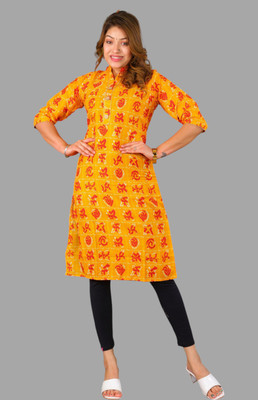 Parth f Women Printed A-line Kurta(Yellow)