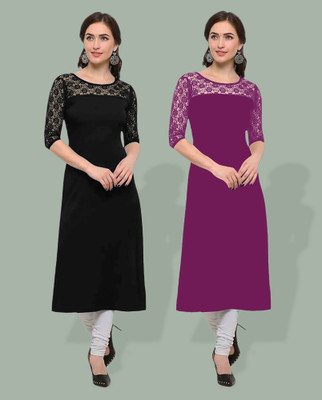 Maheshvi Women Solid, Self Design Straight Kurta(Black)
