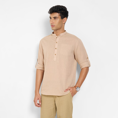 Indus Route by Pantaloons Men Solid Straight Kurta(Beige)
