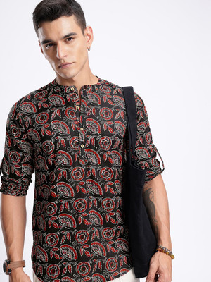 Anouk Rustic Men Floral Print Straight Kurta(Black)