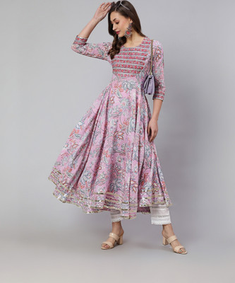 GLAM ROOTS Women Floral Print Flared Kurta(Pink)