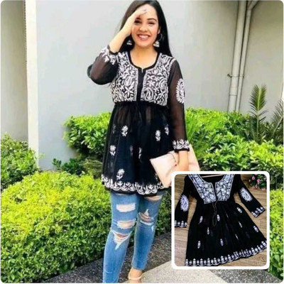 ATOZENTERPRISE Women Embroidered Anarkali Kurta(Black)