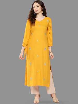 Janasya Women Embroidered Straight Kurta(Yellow, Grey)