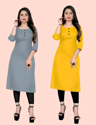 JA FASHION HUB Women Solid Straight Kurta(Grey, Yellow)