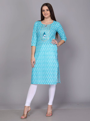 JC4U Women Floral Print Straight Kurta(Light Blue)