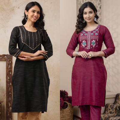 AuzaSho Collection Women Embroidered Straight Kurta(Multicolor)