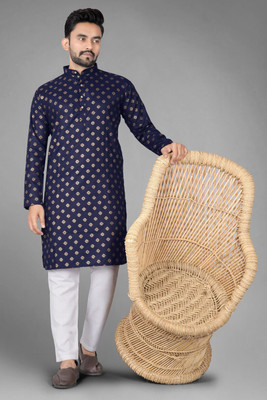 DHASU TRENDZ Men Printed Straight Kurta(Dark Blue)